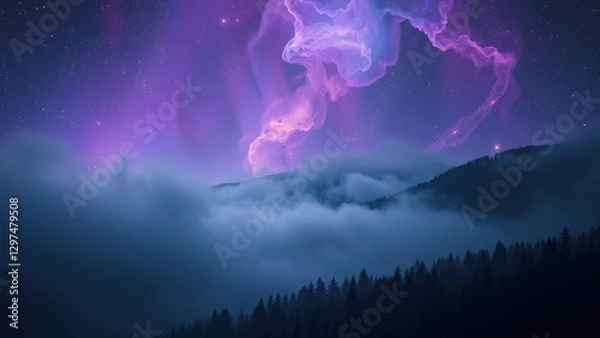 Obraz Purple Nebula Over Misty Mountain Forest at Night