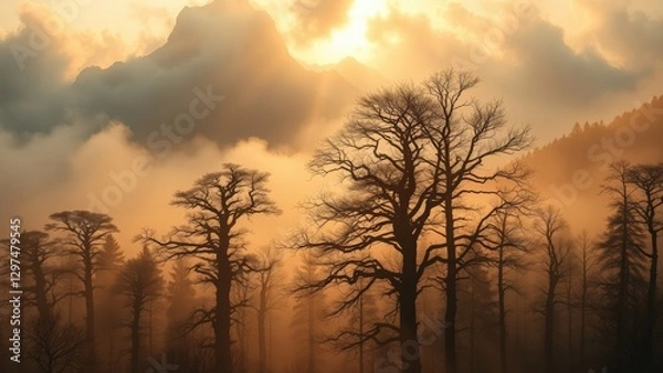 Obraz Silhouette Trees in Foggy Forest at Sunset