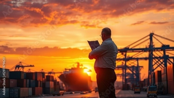 Obraz Silhouette of Man Reviewing Documents at Sunset Port with Cargo Ships and Cranes