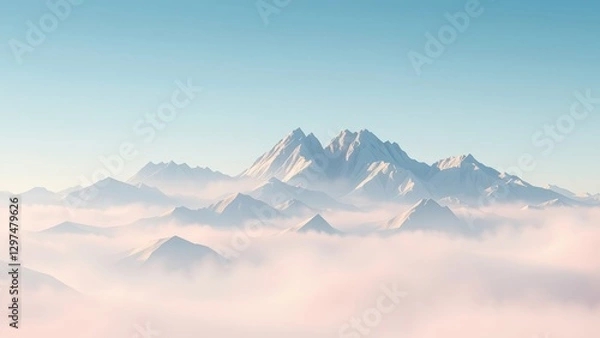 Obraz Snow Covered Mountain Peaks Above a Sea of Clouds Under a Soft Blue Sky