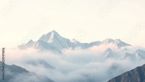 Obraz Snowy Mountain Peaks Emerging from Clouds at Sunrise