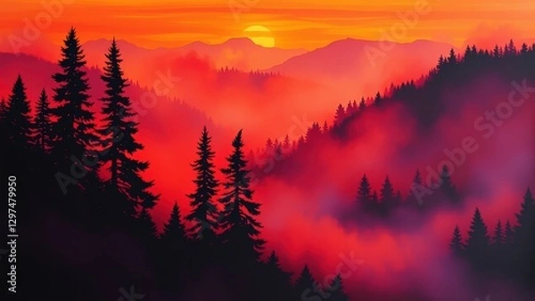Obraz Vibrant Red Sunset Over Foggy Mountain Forest