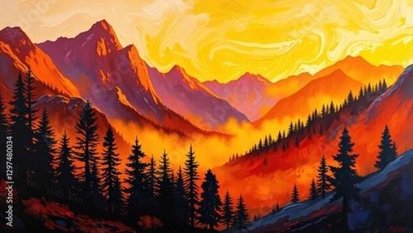 Obraz Vibrant Sunset Over a Mountain Range with Fog and Coniferous Trees