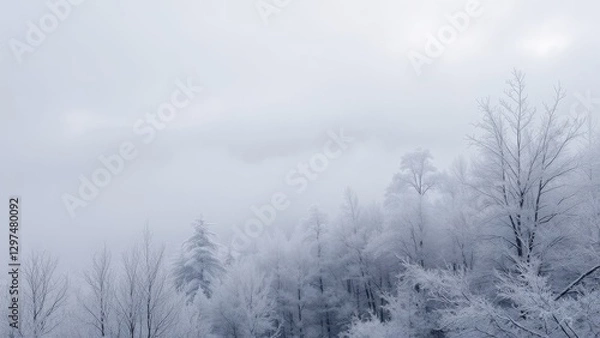 Obraz Winter Landscape with Foggy Trees and Snowy Mountains