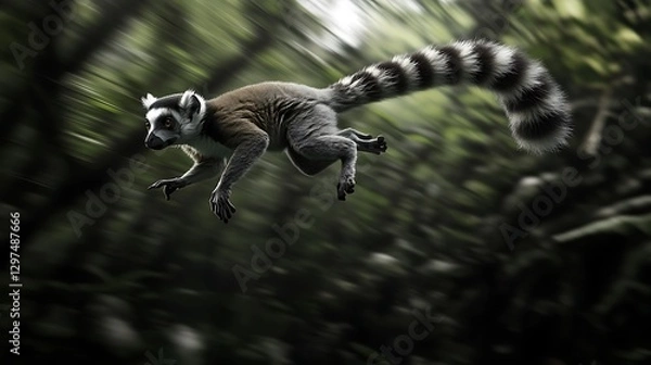 Fototapeta Lemur captured mid-leap against a blurred green jungle backdrop, showcasing agility and wildlife in motion