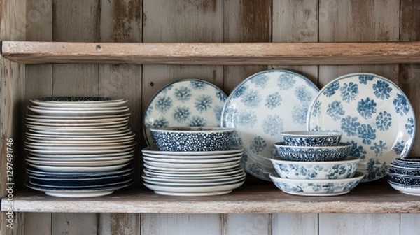 Fototapeta Shelf's Delight: A meticulously arranged collection of vintage-style plates and bowls sit on a rustic wooden shelf, each piece telling a story of past gatherings and future feasts.