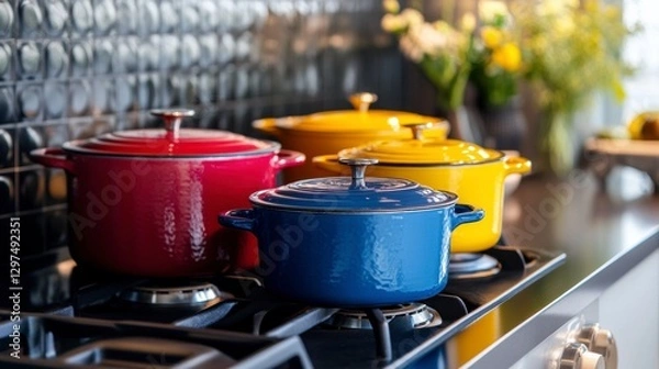 Fototapeta Vibrant Cookware Collection: An eye-level shot that highlights a vibrant arrangement of three colorful pots displayed on a stove top.