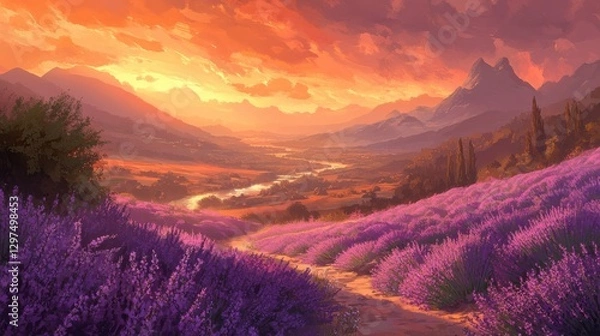 Fototapeta Serene Sunset Over Lavender Fields with Majestic Mountains and Calm River in the Background