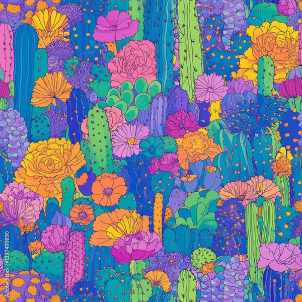 Obraz Seamless pattern of abstract cactus in modern style. Floral hand draw print. Bright neon color background.