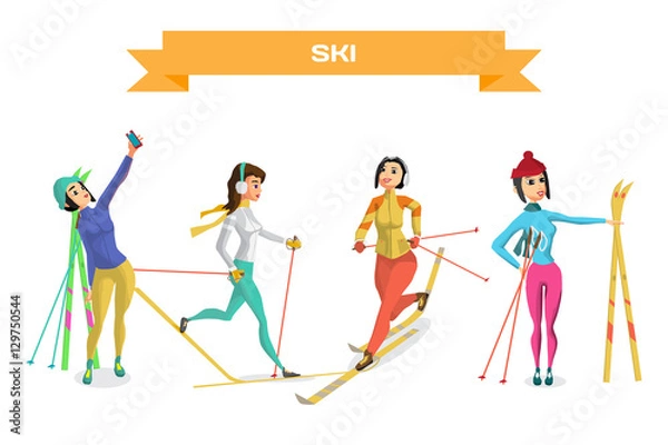 Obraz Set pretty young women on cross country skiing on isolated backg