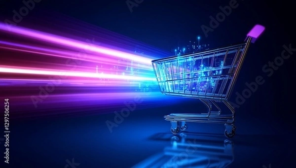 Fototapeta Digital shopping cart with light trails on a dark blue reflective surface