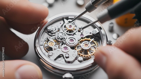 Obraz A close-up of hands assembling a complex mechanical watch with precision tools