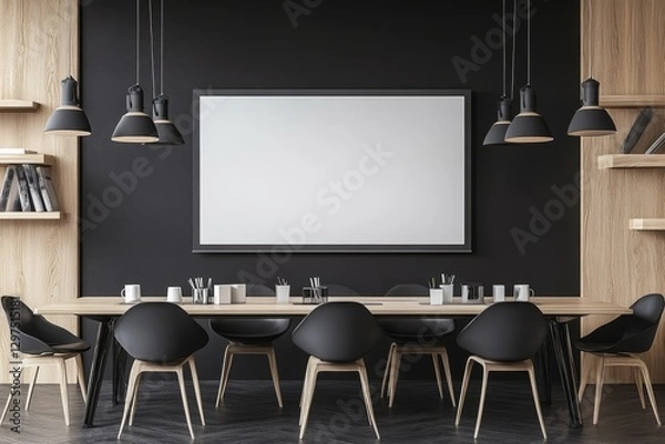 Obraz A modern conference room features a blank TV screen on a black wall, perfect for meetings and tech presentations, fostering a professional atmosphere for collaboration and communication