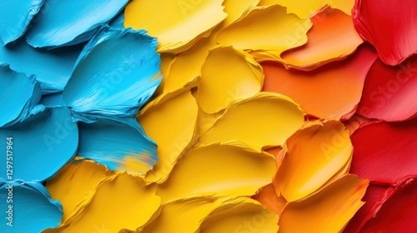 Fototapeta Vibrant abstract texture of mixed paint strokes in blue, yellow, and red colors for artistic backgrounds