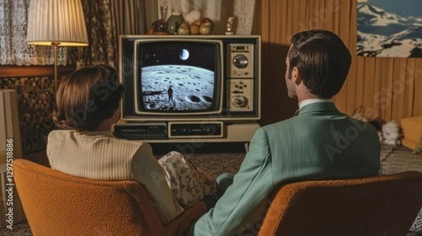 Fototapeta A Couple Watches Television Depicting Lunar Exploration Scene