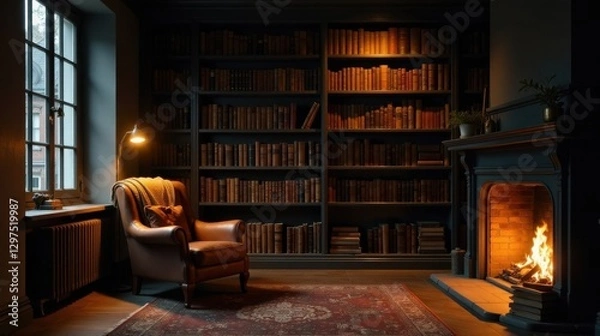 Obraz Cozy Reading Nook with Fireplace and Extensive Bookshelves
