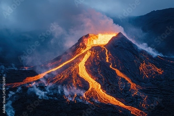 Fototapeta A dramatic view of a volcano erupting, showcasing flowing lava and smoke ascending into the sky, capturing nature's raw power and beauty.