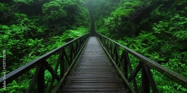 Fototapeta A wooden bridge stretches through a lush, green forest, enveloped in mist, inviting exploration and tranquility.