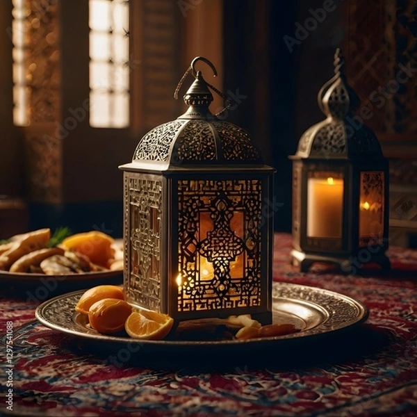 Obraz First day in Ramadan, The scene is set in a warm, inviting living room. The walls are adorned with traditional Islamic art, and the soft glow of lanterns fills the room