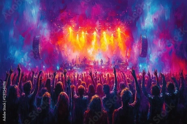 Obraz Energetic Crowd at a Concert Celebrating Music and Performance Under Twilight Lights
