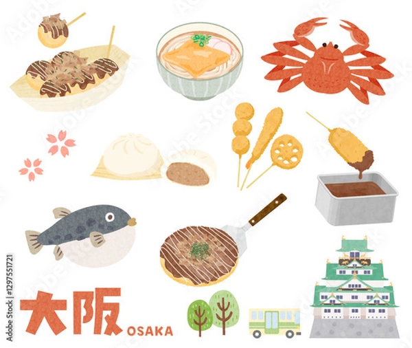 Obraz 手描き風大阪グルメ　大阪城　バス　イラストセット

