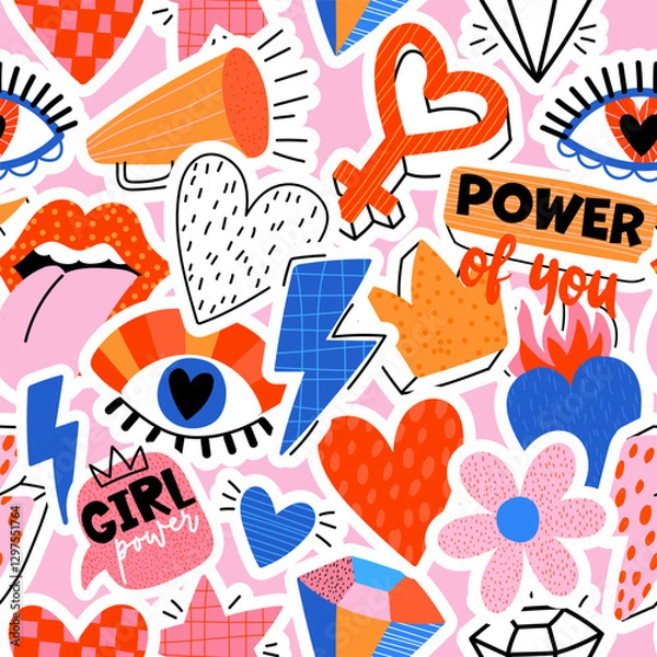Obraz Seamless pattern with hand eyes, slogan, heart and signs. Bright colorful  Abstract print background for fabric, wrapping, textile, wallpaper, apparel. Vector illustration for teen girl. Funky style