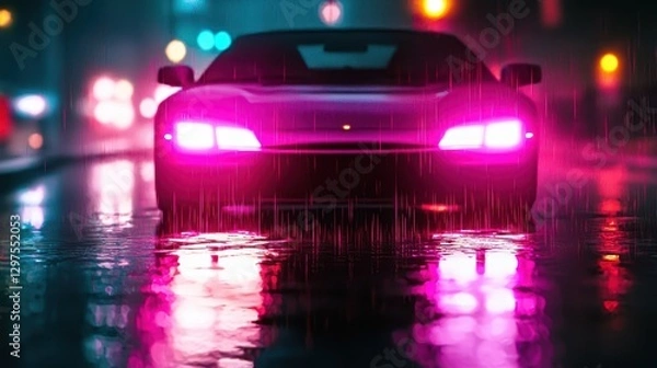 Fototapeta A sleek car with glowing pink lights reflects off wet pavement in a vibrant nighttime scene, creating a dynamic and atmospheric urban setting.