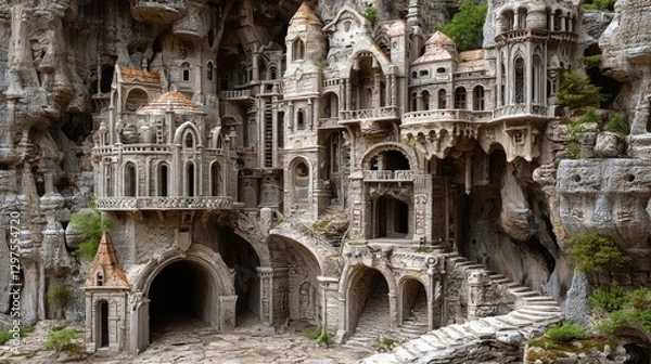 Fototapeta Intricate Stone Castle with Detailed Architecture Built into a Rock Formation Amidst Lush Greenery
