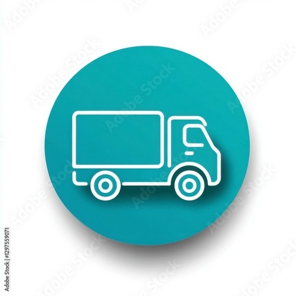Fototapeta Teal circle background features a white line art delivery truck icon. Simple, minimalist design ideal for transportation or logistics concepts