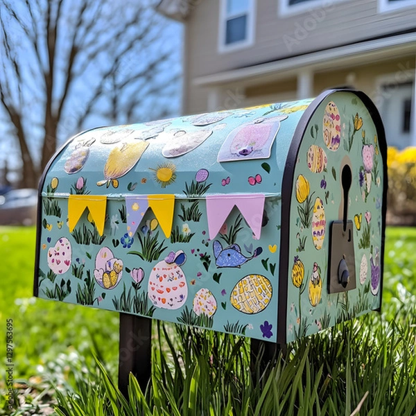 Obraz "A Mailbox Decorated with Easter Stickers and Flags, Creating a Fun and Neighborhood Feel."
