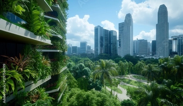 Fototapeta Lush green vertical garden on a modern building contrasts against a backdrop of skyscrapers and a park under a bright, sunny sky. The scene blends