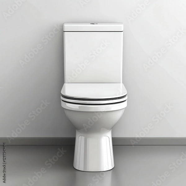 Fototapeta Front view of a modern, sleek white toilet against a plain wall, showcasing a minimalist design ideal for contemporary bathrooms.