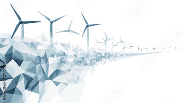 Obraz The image is a digital illustration depicting a series of stylized wind turbines rendered in a low-poly, abstract style.  The turbines are light blue and grey, set against a predominantly white