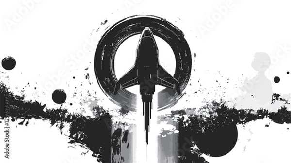 Fototapeta A monochrome abstract graphic depicting a spacecraft positioned centrally within a peace symbol. The spacecraft is stylized, resembling a rocket or jet, and is rendered in grayscale with varying