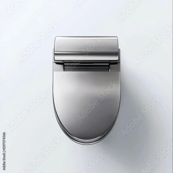 Fototapeta Top view of a sleek, modern toilet seat with a polished silver finish, reflecting light against a minimalistic white background.
