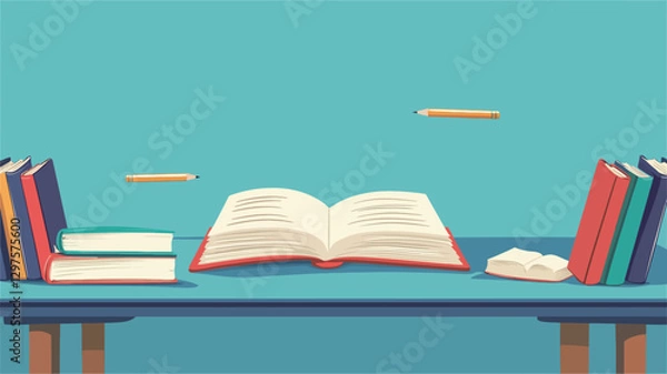 Obraz A digitally created illustration depicting a flat lay view of a wooden desk against a light blue background.  The desk features an open book with visible text, two stacks of closed books of varying