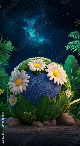 Fototapeta Night scene featuring a spherical object adorned with daisies and nestled within lush greenery under a starry sky. The overall mood is serene and