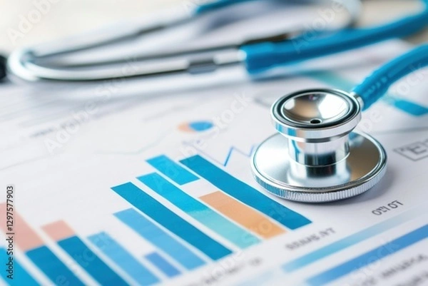 Fototapeta Stethoscope on financial and medical reports with laptop, highlighting data-driven healthcare decisions