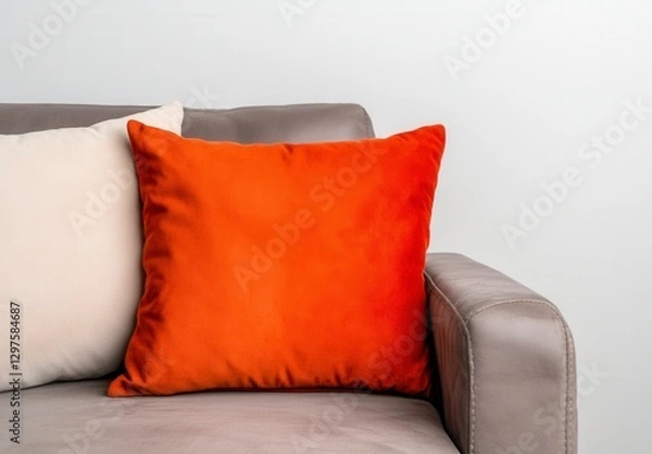 Fototapeta Close up view of an orange velvet pillow and an off white pillow resting on a gray couch against a white wall. Soft lighting, simple home decor
