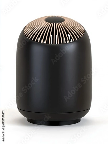 Fototapeta Black cylindrical diffuser with light beige wooden top, isolated on white background. Modern home decor element