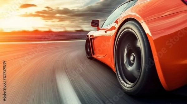 Fototapeta Car Racing on a Tight Curve at Sunset