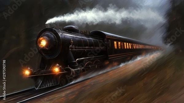 Fototapeta A vintage steam train chugs along a misty track, emitting smoke, enveloped by a dark, forested landscape.