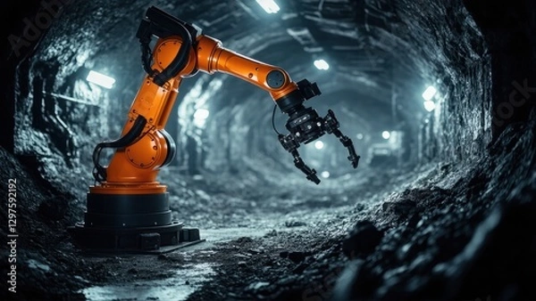 Fototapeta Robotic Arm in Dark Mine Tunnel: Automation and Mining Technology