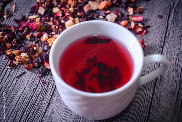Fototapeta Cup of tea mix of leaves, fruits and dried fruits on rustic back