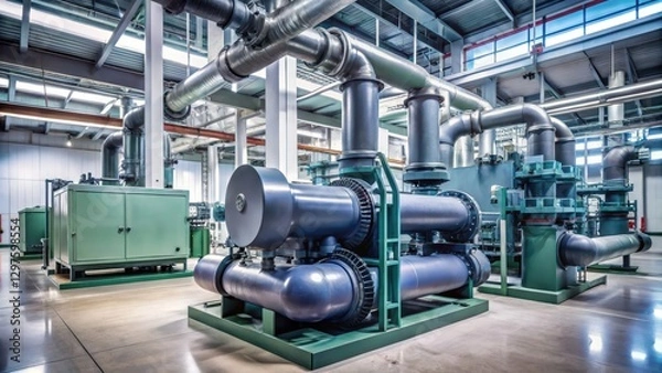 Fototapeta Centrifugal chiller system in operation with pumps and condenser installed in a large data center , information technology, mechanical systems