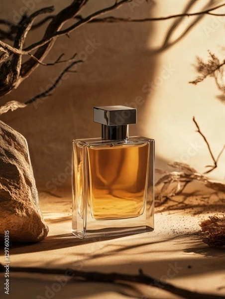 Fototapeta Perfume bottle with blank brand name on desert-inspired background