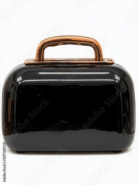Fototapeta Black glossy handbag with a gold handle, studio shot on white background. The bag is compact and rectangular with a slightly curved top