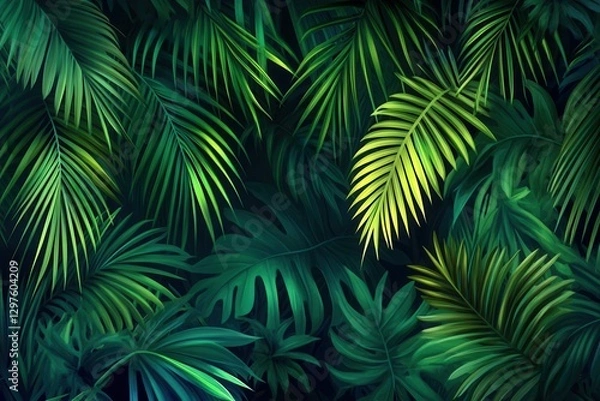 Fototapeta Tropical Palm Leaves Background  Lush Dark Green Foliage Design Illustration for Backgrounds and