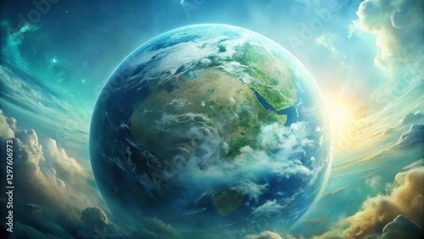 Fototapeta A close-up view of a textured, dreamy planet Earth rendered in soft blues and greens