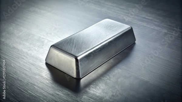 Fototapeta A shiny silver ingot resting on a metallic grey background with subtle texture and reflective sheen, precious metal, industrial setting